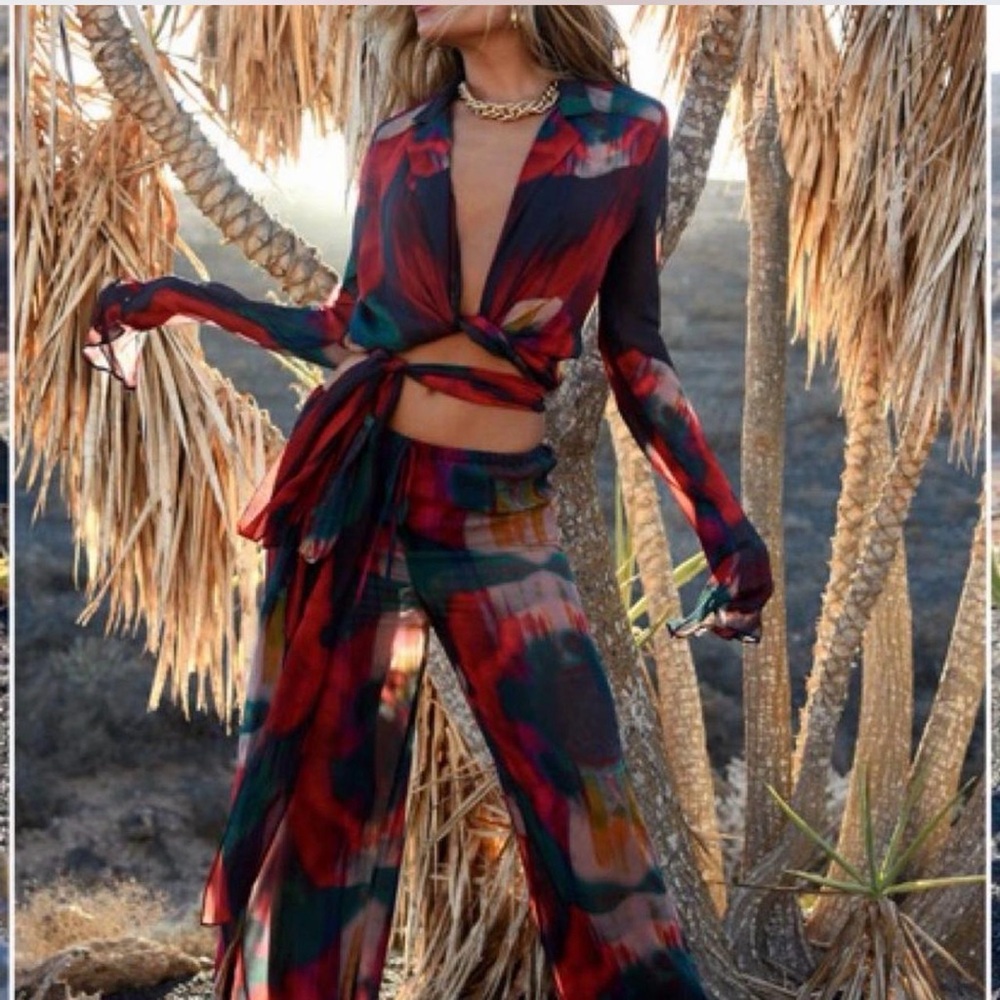 Rat & Boa Multi-Color Sheer Tie-Front Wide-Leg Jumpsuit